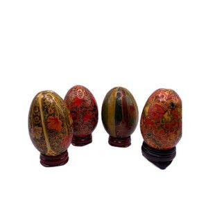 4 Vintage Chinese Asian Style Hand Painted Eggs 2.5 Inch w/ Stand 1 Inch